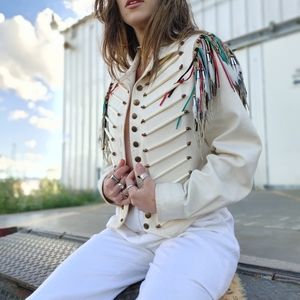 Vintage fringe white jean jacket